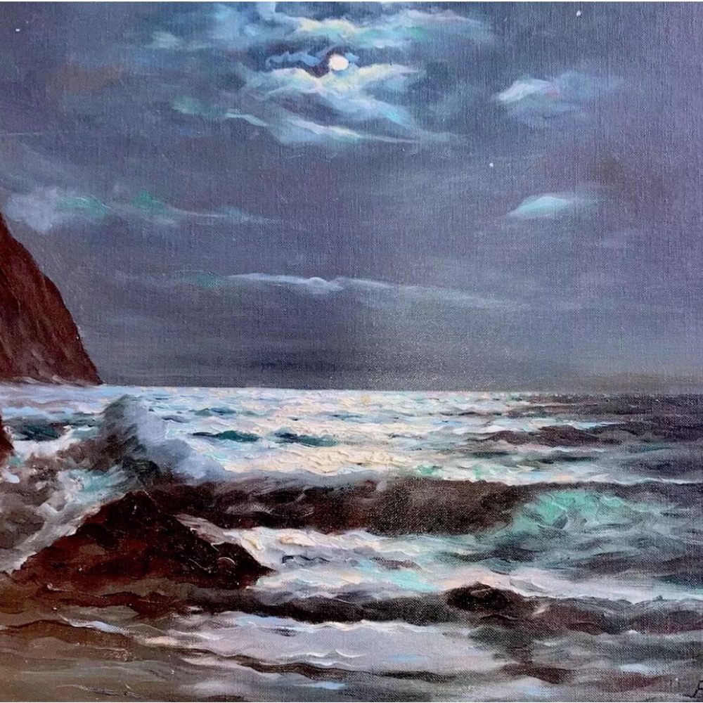 Vintage Mid Century Frank Ferruzza Signed Oil Painting Moonlight Rocky Shore